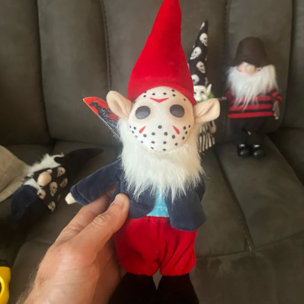 (4) 12 inch halloween garden gnomes, soft. Jason, Freddy, Ghostface.